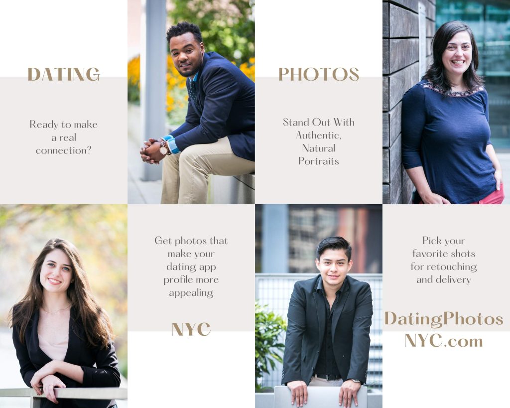 A curated collage of professional dating photos taken across New York City, showcasing natural, confident portraits designed to help clients stand out on dating apps and get more matches.