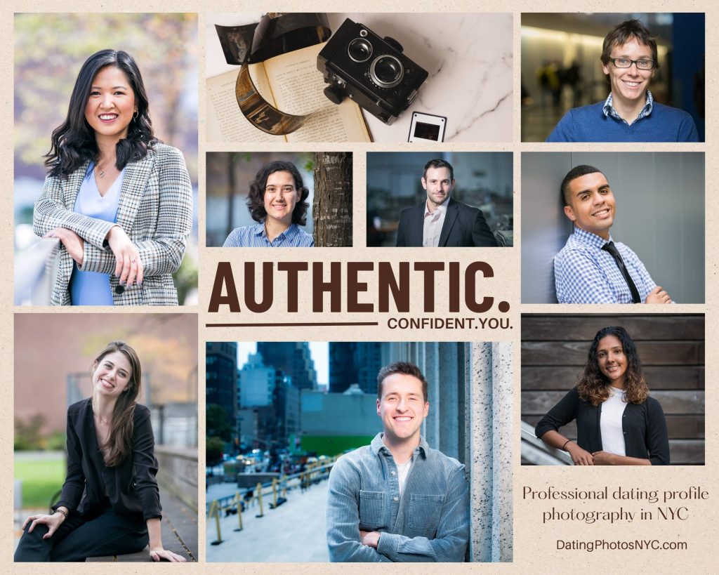 Professional dating photography collage in NYC featuring real client results, natural poses, and lifestyle portraits designed to increase matches on apps like Hinge, Bumble, and Tinder.